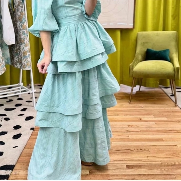 BuruTeagan Tiered Ruffle Textured Stripe Full Length A-Line Pocketed Coordinatin - Picture 12 of 12